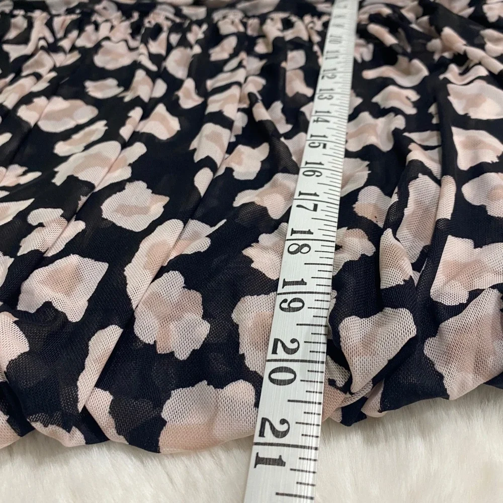 Free People‎ Mesh Square Neck Smocked Abstract Leopard Short Sleeve Top Size M
